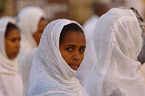 Women dressed in white during the St Marie celebration procession in the street of Gondhar, North Ethiopia, 2006