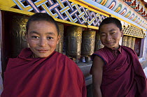 Two young buddhist monks in Galdan Namge Lhatse monastery /Golden Age Lhatse monastery, Tawang, Arunachal Pradesh, India 2005