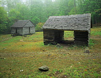 Two old wooden huts along Roaring Fork Motor Nature Trail, Great Smoky Mountains NP, Tennessee USA