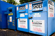 Shoe recycling unit in supermarket carpark, Shrewsbury, Shropshire, UK