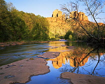 Cathedral Rock reflected in water at Oak Creek Crossing, Coconino National Forest, Arizona