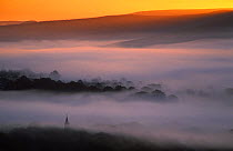 Edale at Dawn with church spire in  mist, Peak District National Park, Derbyshire, England, UK
