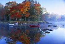 Autumn, Mersey River with canoe, nr Kejimkujik National Park, Nova Scotia, Canada