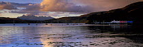 Portree Harbour and the Cullins at dawn, Isle of Skye, Scotland, UK