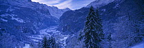 Winter scene overlooking Lauterbrunnen from Wengen, Bernese Oberland, Switzerland