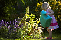 Child watering garden, Dorset, England, UK