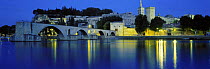 Pont de Bezenet, the River Rhone & Palais de Papes at night, Avignon, Provence, France