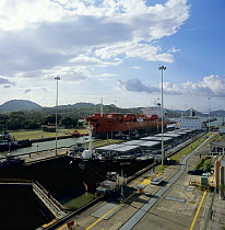 Tanker passing through the Mira Flores locks, Panama Canal, Panama, Central America 2006