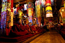Buddhist monks during ceremony in Songzhanling Monastery. Zhongdian, Deqin Tibetan Autonymous Prefecture, Yunnan Province, China 2006