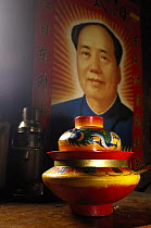 Noodle bowl in the cooking area of a Tibetan house with a poster of Chairman Mao on the wall. Zhongdian, Deqin Tibetan Autonomous Prefecture, Yunnan Province, China 2006
