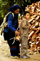 Hani people carrying bricks. Hani Ethnic minority people. Yuanyang, Honghe Prefecture, Yunnan Province, China 2006