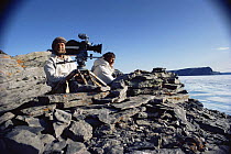 Producer Mike Salisbury and camerman Hugh Miles filming Polar bears, Canadian Arctic, 1983, for BBC NHU programme  Kingdom of the Ice Bear