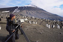 Camerman Doug Allan filming Chinstrap penguins for BBC NHU 'The Blue Planet'. Zavodovski Is, South Sandwich Is, with dormant volcano in background, 1997