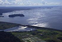 Aerial view of Balbina Hydro electric dam, 2400 sq kms of rainforest flooded, nr Manaus, Amazonia, Brazil