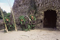 Group of Matis hunters dressed up in masks, foliage and darkened skin, whilst women and children remain in hut, Amazonia, Brazil
