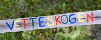 Sign above childrens' permanent play area in the forest (Elfs playground), Vestmarka naturbarnehage (nature nursery), Trondheim, Norway, 2006