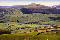 Farmland with peat moorland beyond, Forest of Bowland (Area Of Outstanding Natural Beauty), Lancashire, England
