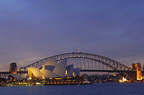 Sydney Opera House and Sydney Harbour Bridge at dusk, Sydney, New South Wales, Australia, 2006