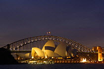 Sydney Opera House and Sydney Harbour Bridge at night, Sydney, New South Wales, Australia, 2006