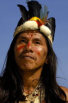 Huaorani indian man - Moi Enomenga, leader of the Quehueire Ono community and an influencial Huaorani leader, in Quito for a protest march against Petrobras, a Brazilian oil company who wanted to buil...