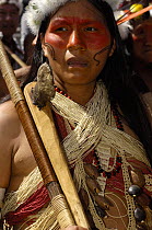 Huaorani indian woman in Quito for a protest march against Petrobras, a Brazilian oil company who wanted to build another access road into Yasuni National Park, Ecuador, July 2005