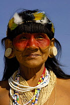 Huaorani indian woman in Quito for a protest march against Petrobras, a Brazilian oil company who wanted to build another access road into Yasuni National Park, Ecuador  , July 2005