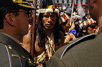 Huaorani indian man, Moi Enomenga, leader of the Quehueire Ono community and an influencial Huaorani leader, in Quito for a protest march against Petrobras, a Brazilian oil company who wanted to build...