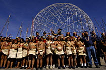 Huaorani indians in Quito for a protest march against Petrobras, a Brazilian oil company who wanted to build another access road into Yasuni National Park, Ecuador, July 2005