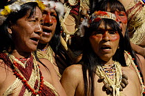 Huaorani indians in Quito for a protest march against Petrobras, a Brazilian oil company who wanted to build another access road into Yasuni National Park, Ecuador, July 2005