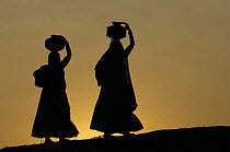Silhouette of Rabari women carrying water on their heads, Rann of Kutch, Gujarat, India, 2006
