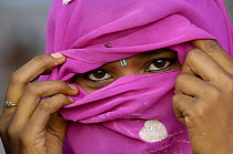 Hindu Woman looking out from inside her veil, (only married women wear veils) near Bharatpur. Rajasthan, India 2006