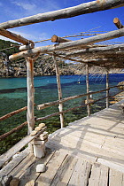 Looking out from island hut, Benirras creek, Ibiza, Balearic Islands, Spain