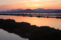 Sunset over Salt marshland, Ses Salines Natural Park, Ibiza, Balearic Islands, Spain