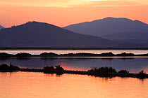 Sunset over Salt marshland, Ses Salines Natural Park, Ibiza, Balearic Islands, Spain