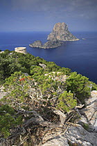 Coastal view from Ibiza, with Es Savinar tower and  small barren islands of Es Vedrá, Balearic Islands, Spain