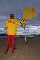 Lifeguard on beach with sign and flag warning people of Jellyfish, next to stinger-resistant enclosure, Queensland, Australia  2006