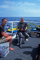 Producer Robin Hellier and presenter Martha Holmes, on board boat filming for BBC NHU series Seatrek 1991