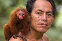 Man with pet young Uakari monkey sitting on his shoulder, Rio Yavari, Amazonia, Peru FOR SALE IN UK ONLY