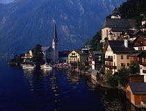 Lakeside village of Hallstatt with mountains in the background, Austria, Europe