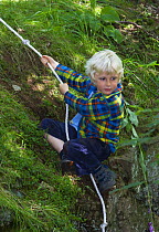 Young boy using rope to climb a woodland bank, Letham, Fife, Scotland, UK