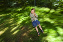 Young boy swinging through the forest, Letham, Fife, Scotland, UK, July