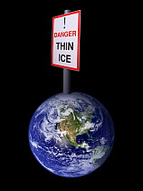 A conceptual picture of Global warming illustrated through a model of the earth with a sign at the North Pole saying "Danger, Thin Ice".