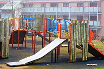 Children's safe play area, April, Montrose, Scotland, UK, with no grass or plants