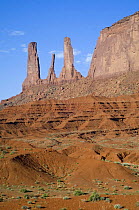 The eroded rock formation Three Sisters in the Monument Valley Navajo Tribal Park, Arizona, USA May 2007