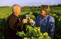 Lydie and Francis Boyer toasting, champagne producers at Chouilly, Cte de Blancs vineyard, Champagne country, France