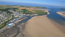 Aerial view of the port of Padstow on the River Camel estuary at low tide, Cornwall, England 2007