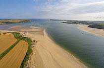 Aerial view of River Camel estuary at low tide, near Padstow, Cornwall, UK
