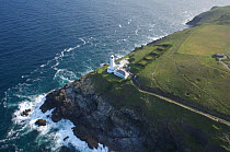 Aerial view of Trevose Head Lighthouse, Cornwall, UK