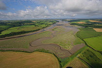 Aerial view of River Camel inland from Padstow, Cornwall, UK