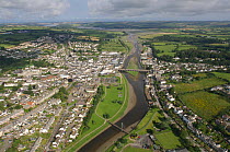 Aerial view of three Bridges crossing River Camel, Wadebridge, Cornwall, UK